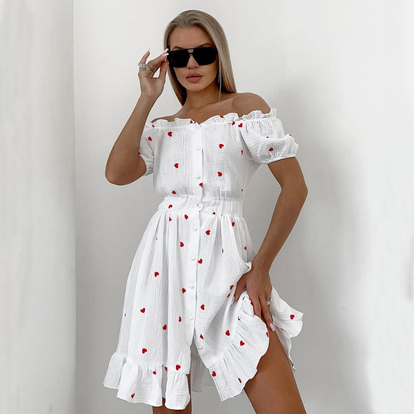 Autumn new crepe yarn cotton and linen one-word neck bubble sleeve love printing high-waisted dress 2024 European and American fashion women