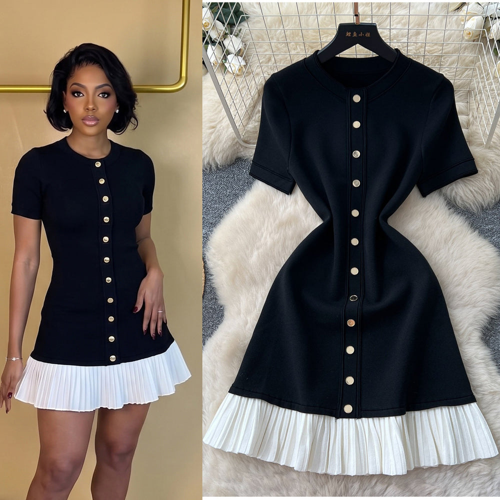 Xiaoxiangfeng knittingdress women's  summer fashion metal button short sleeve pleated patchwork classy work clothing skirt