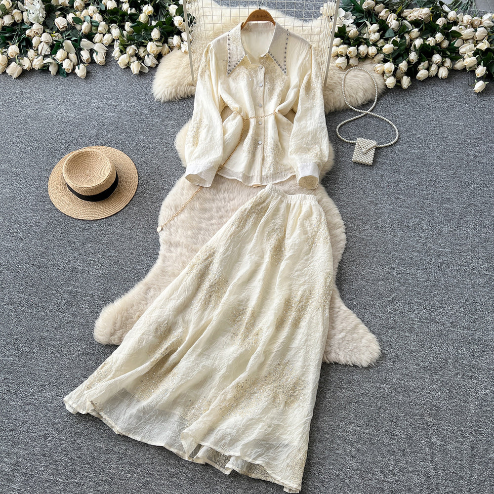 French chic embroidered mesh & rhinestone two-piece set - women's autumn long sleeve cinched waist tie-up high-end elegant outfit