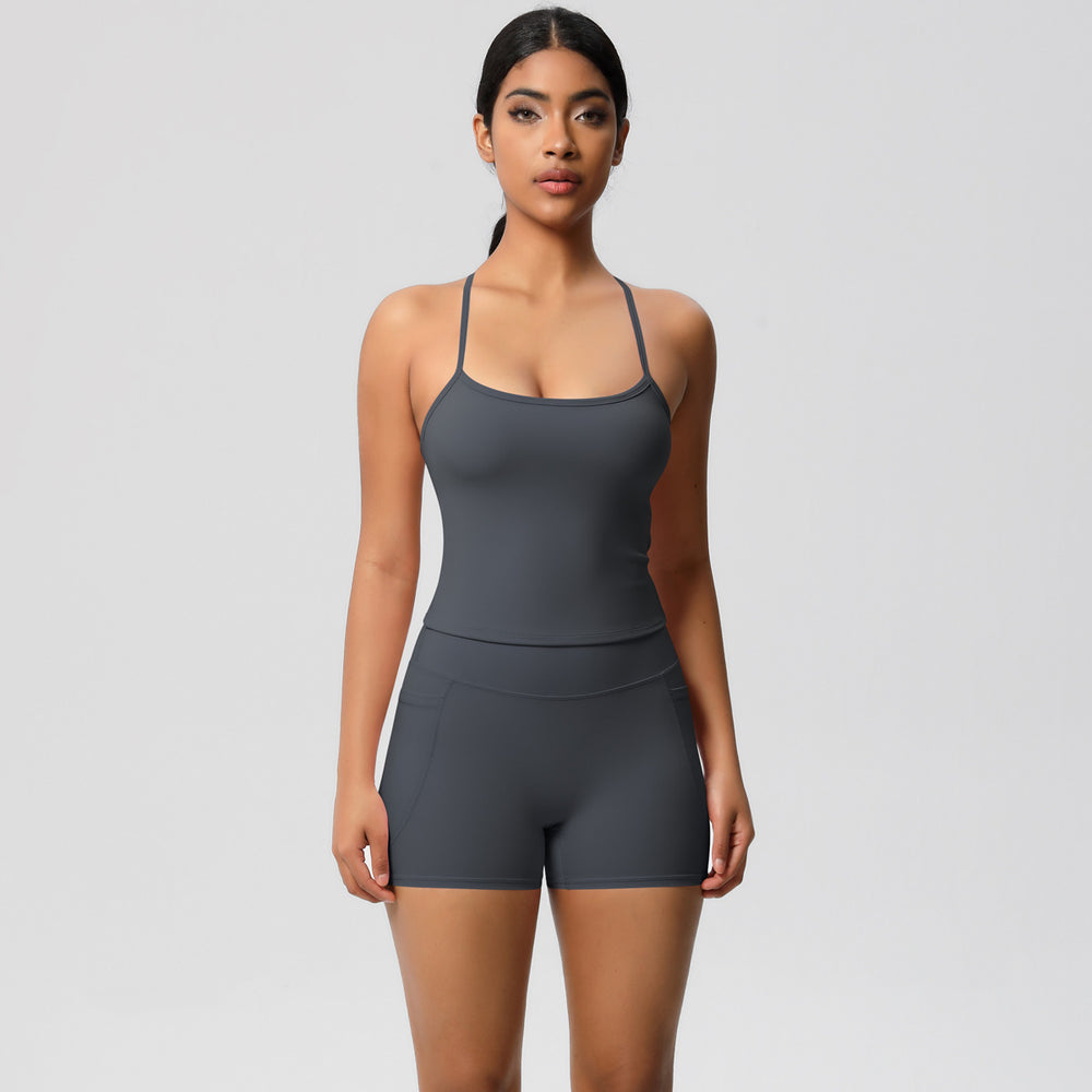 Cloud-feel, brushed, quick-dry yoga set: tank top with racerback, butt-lifting shorts, and pockets - perfect for running and fitness