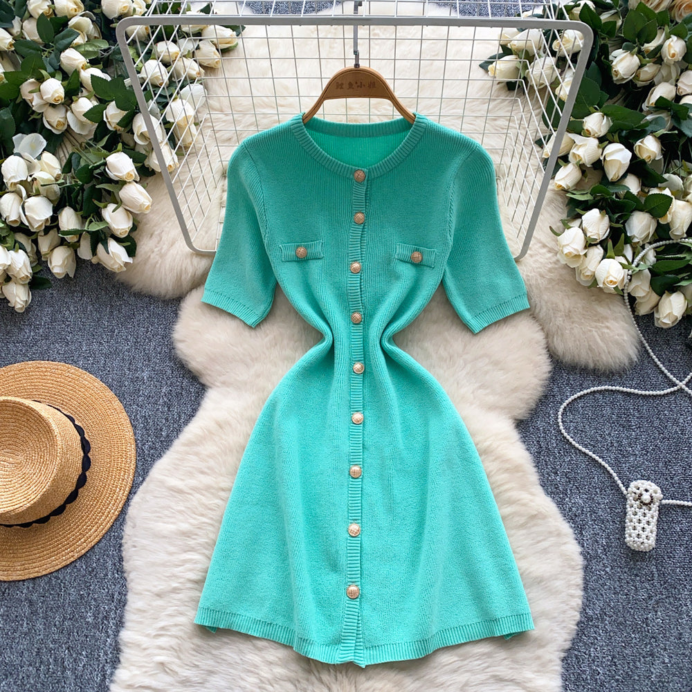 Xiaoxiangfengclassyfashionable metal buckle silm short-sleeved dress women's summer waist slimming lookelegantsweater skirt