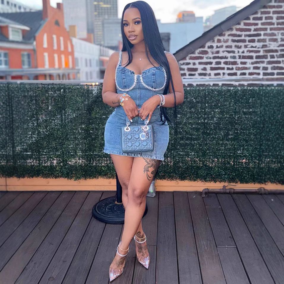 European and american style denim cami dress -  cross-border women's summer new fashion sexy rhinestone mini dress