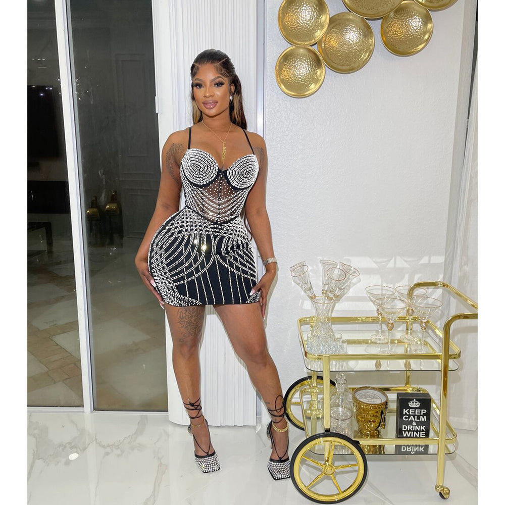 C6642 cross-border   fashion women's solid color mesh rhinestone camisole mini dress