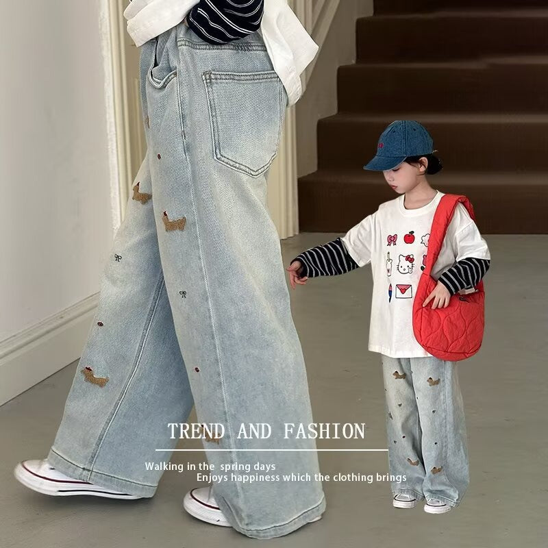 spring/autumn kids' casual fashion straight-leg jeans - girls' stylish dachshund 3d embroidered versatile denim pants