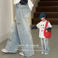 spring/autumn kids' casual fashion straight-leg jeans - girls' stylish dachshund 3d embroidered versatile denim pants