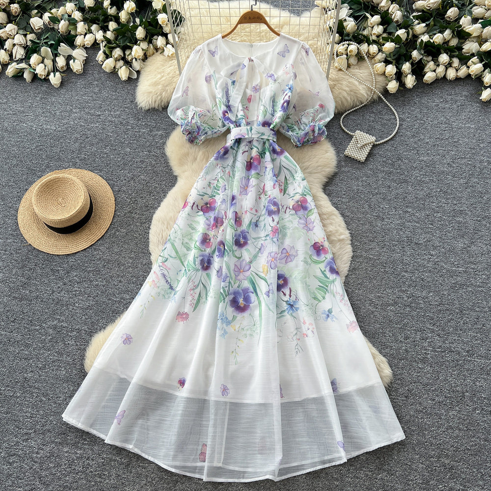 French romantic style printed tie-up dress - women's summer korean v-neck strappy short sleeve a-line maxi dress - elegant