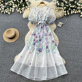 French romantic style printed tie-up dress - women's summer korean v-neck strappy short sleeve a-line maxi dress - elegant