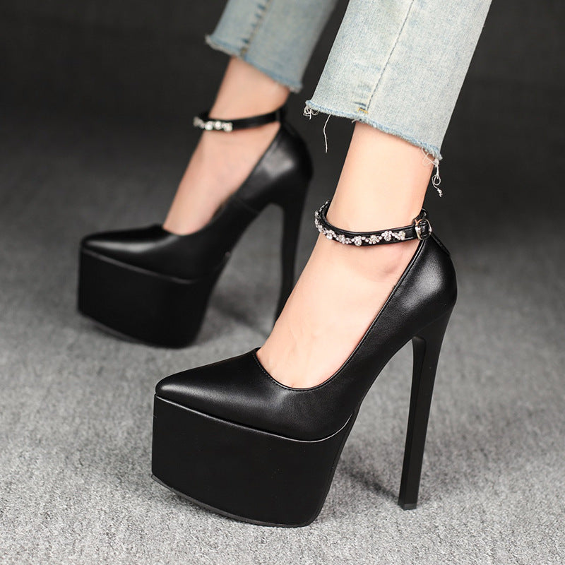 Exquisite one-word buckle t-stage catwalk style thick sole2025 summer new arrival women's shoes waterproof platform flats18cm high heels