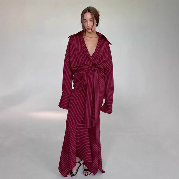 Simple casual hip skirt set 2025 autumn retro burgundy shirt skirt with a complete set of women's clothing