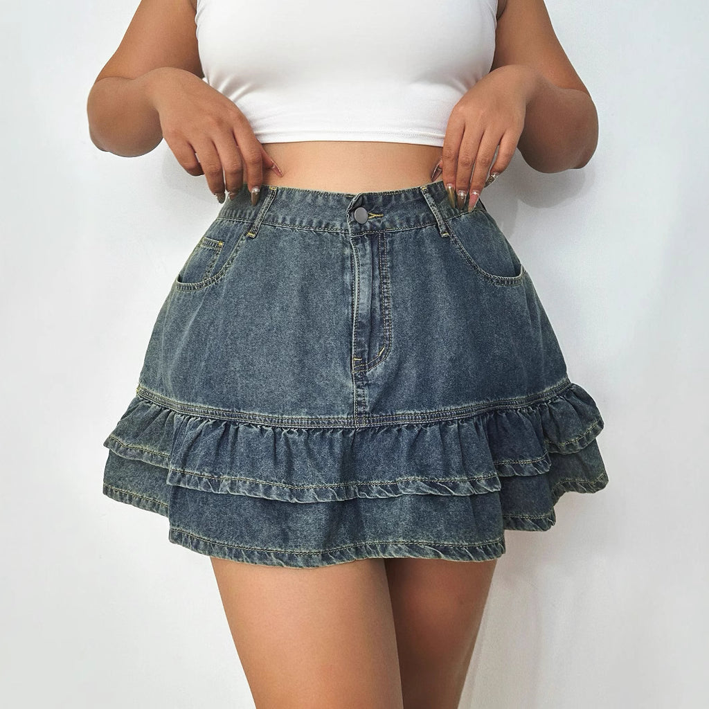 Cross-border ruffle edge a-word high-waisted denim skirt women's summer 2025 new Spice Girl fashion hip skirt