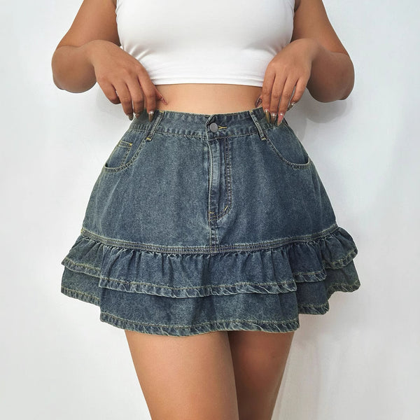 Cross-border ruffle edge a-word high-waisted denim skirt women's summer 2025 new Spice Girl fashion hip skirt
