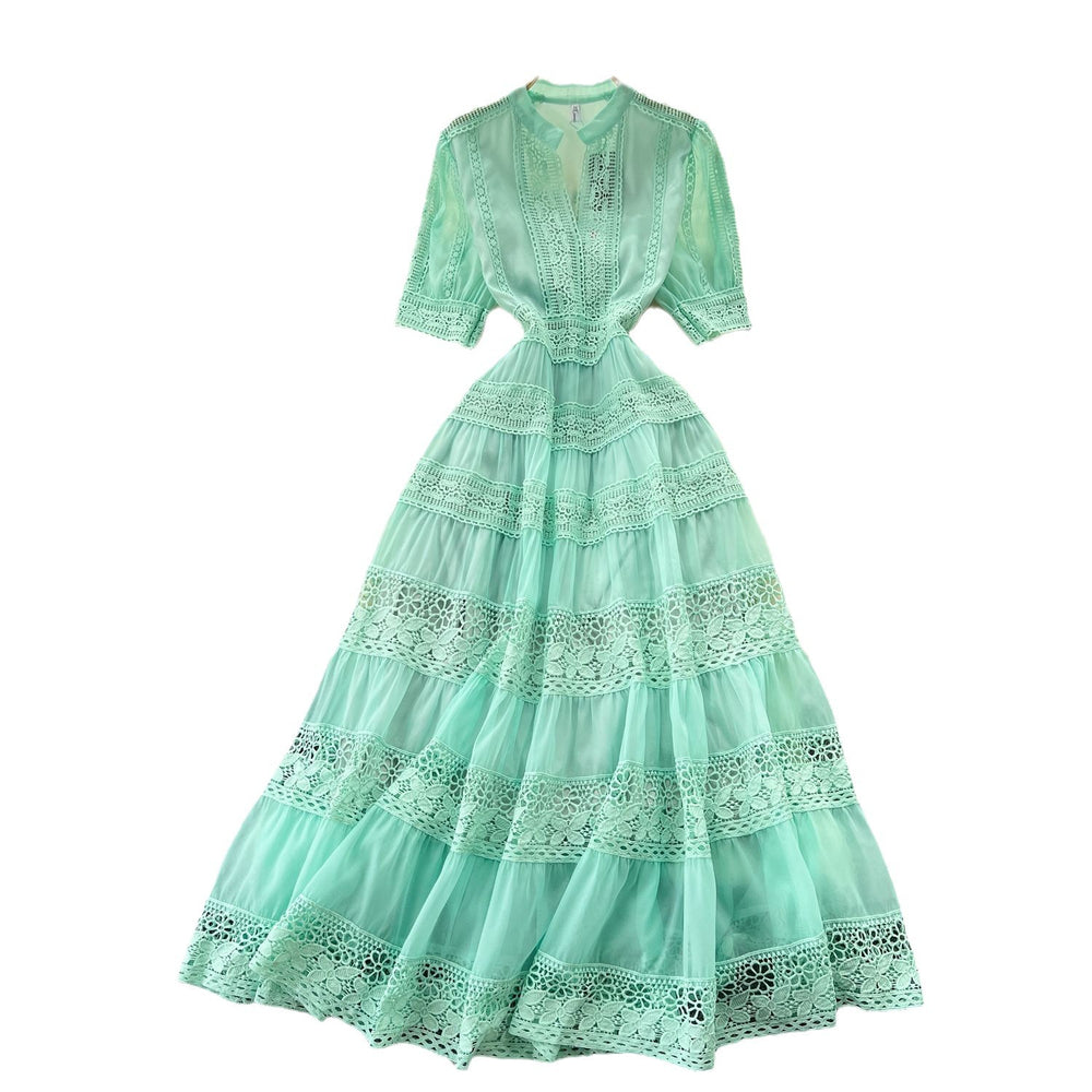 Frenchretro palace style dress women's waist slimming lookelegant puff sleeves lacepatchwork large swing dress long skirt
