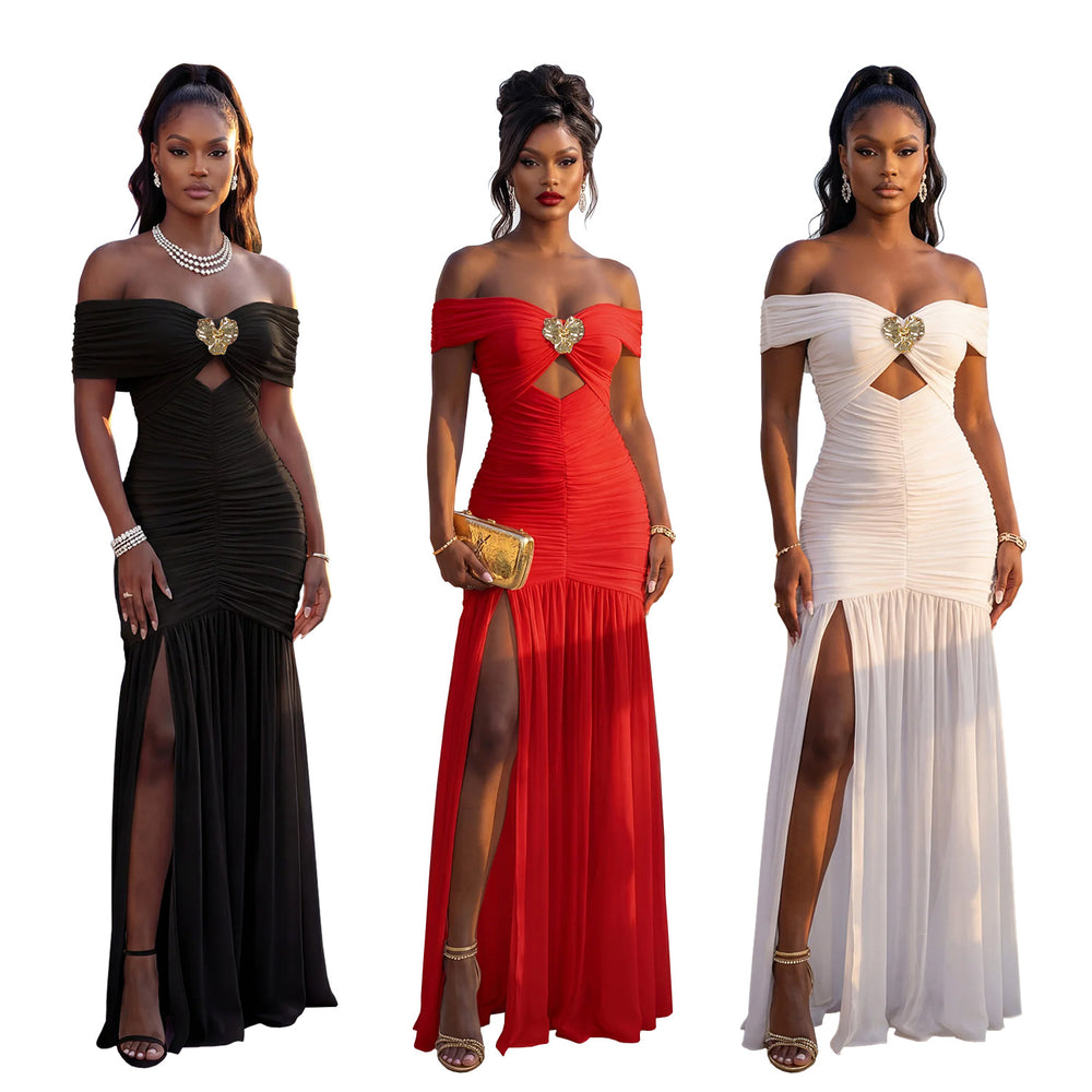 C7661 cross-border   fashion women's sexy off-the-shoulder high slit bandeau dress