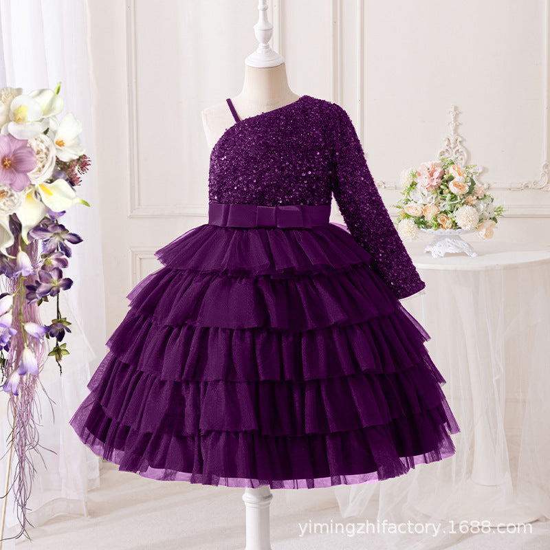Export cross-border dress girl's oblique shoulder suspender cake skirt sequin strap bowskids princess skirt tutu skirt