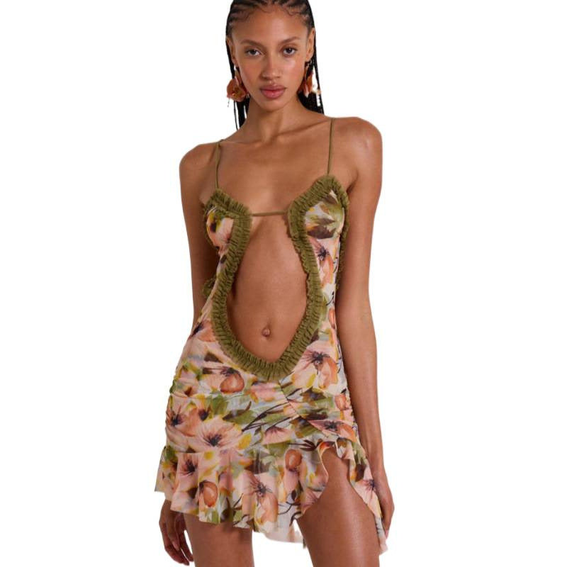 y2k cutout sexy print spaghetti strap mini dress backless sleeveless bodycon women's beach dress