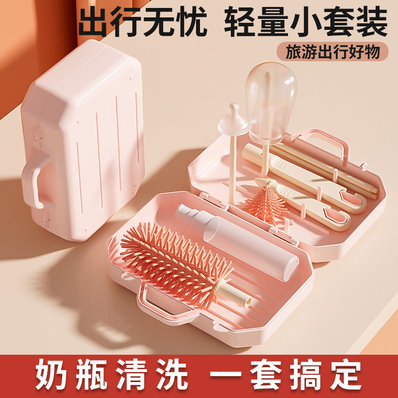 Portable bottle brush suit silicone bottle cleaning brush storage box travel size baby bottle cleaning brush