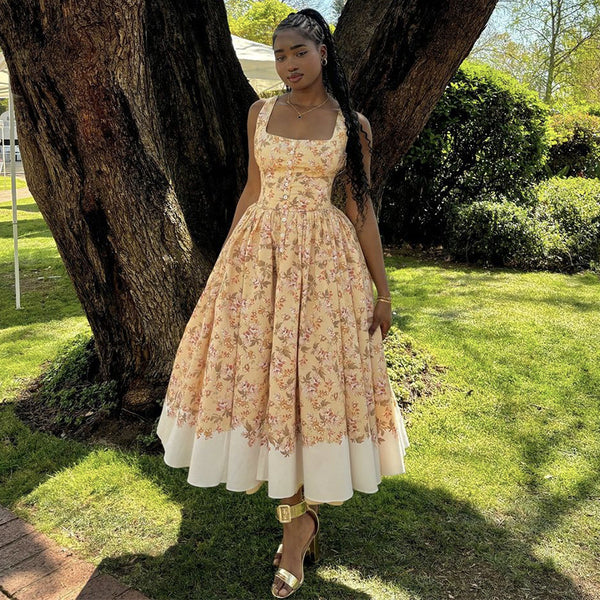 [Spot] European and American  women's clothing 2024 autumn new fresh and sweet printed waist dress dress