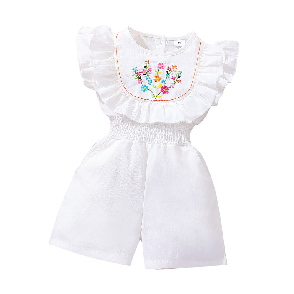Girls' (toddler) romper, summer round neck embroidered smocked romper