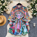 Bohemian print shirt collar tie-waist dress - women's summer korean style long sleeve a-line dress - vacation vibe