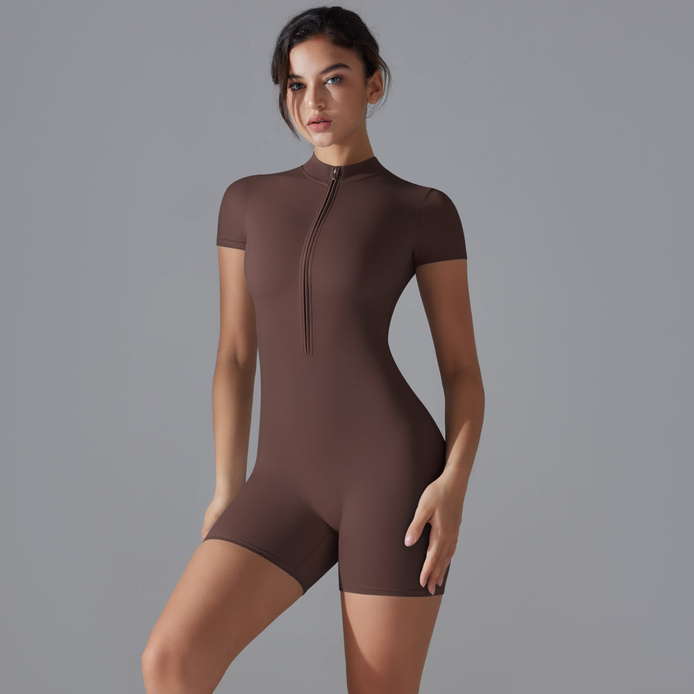 Fashion nude all-in-one style yoga clothes stand collar half open zipper short sleeve fitness jumpsuit tight sports jumpsuit