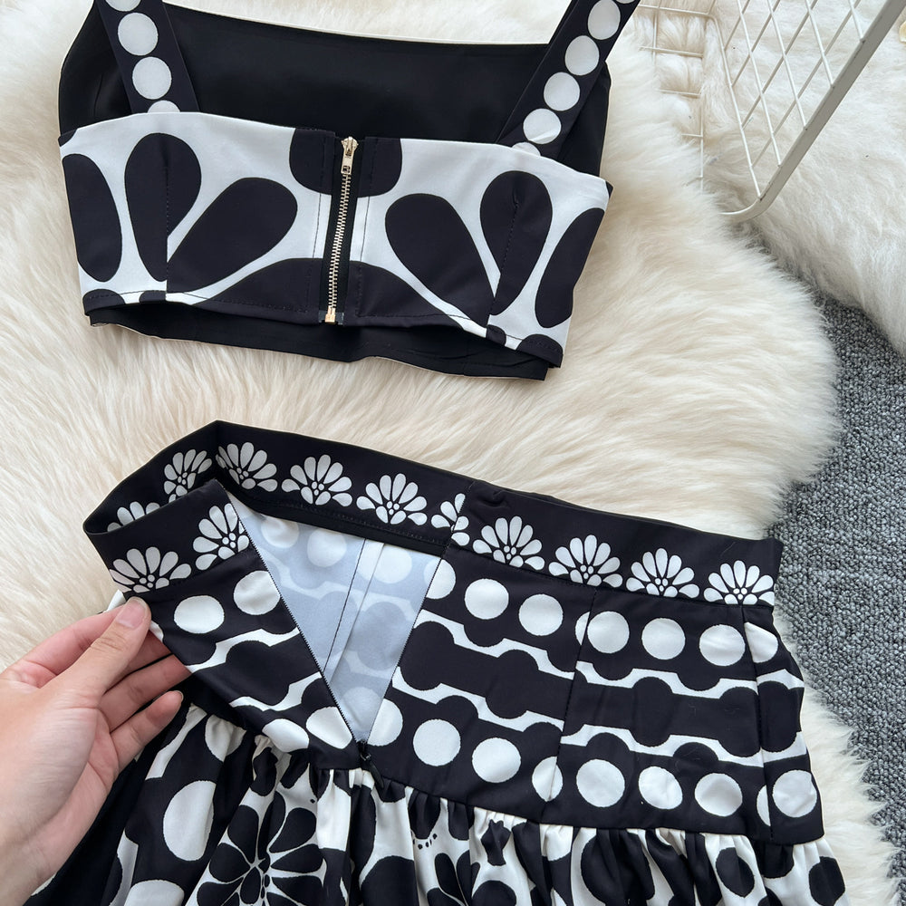 European and american style retro jacquard knit set - women's sleeveless tank top + midi skirt - high-end socialite two-piece outfit