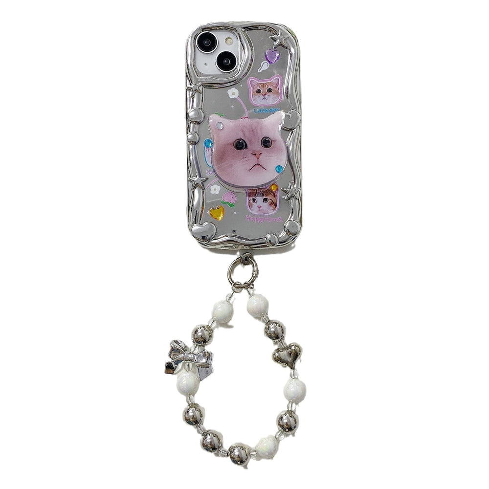 Three-dimensional wave electroplating suitable for apple 16pro cute cat mobile phone case iphonexr mirror flash diamond soft case