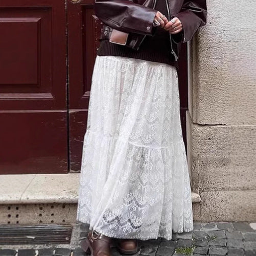 French temperament hollow white lace skirt women's summer  high-end fart curtain A-word skirt long skirt women's clothing