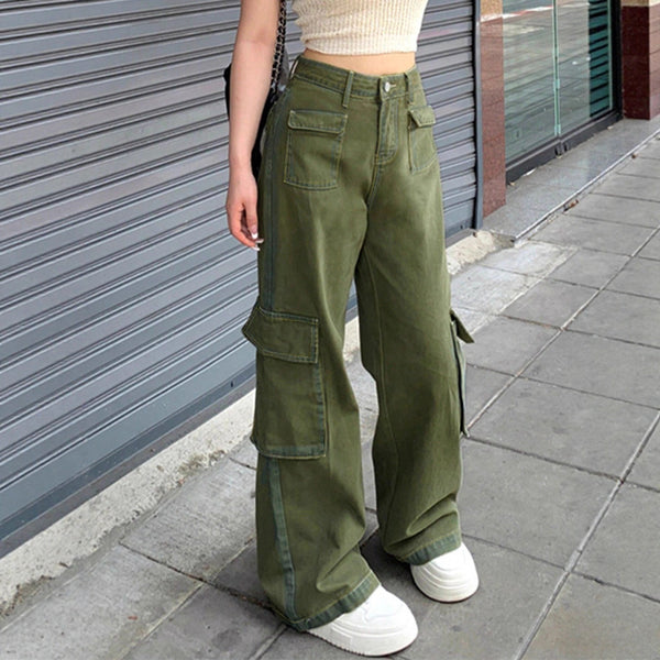 Women's casual straight tooling jeans, loose wide-leg and thin versatile denim trousers