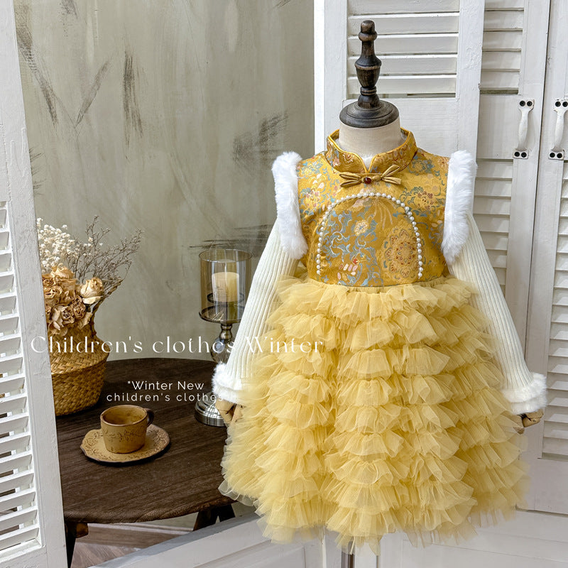Girldress chinese style new year's greetings dress winter tang suit birthday dress fleece-lined tutu skirt princess dress