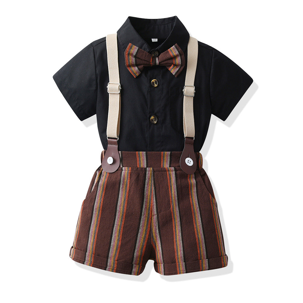 K-stylesummersuit boysfashionable shirt short-sleeved stripes pants suspenders kids summer clothing thin handsome trendy children's clothing