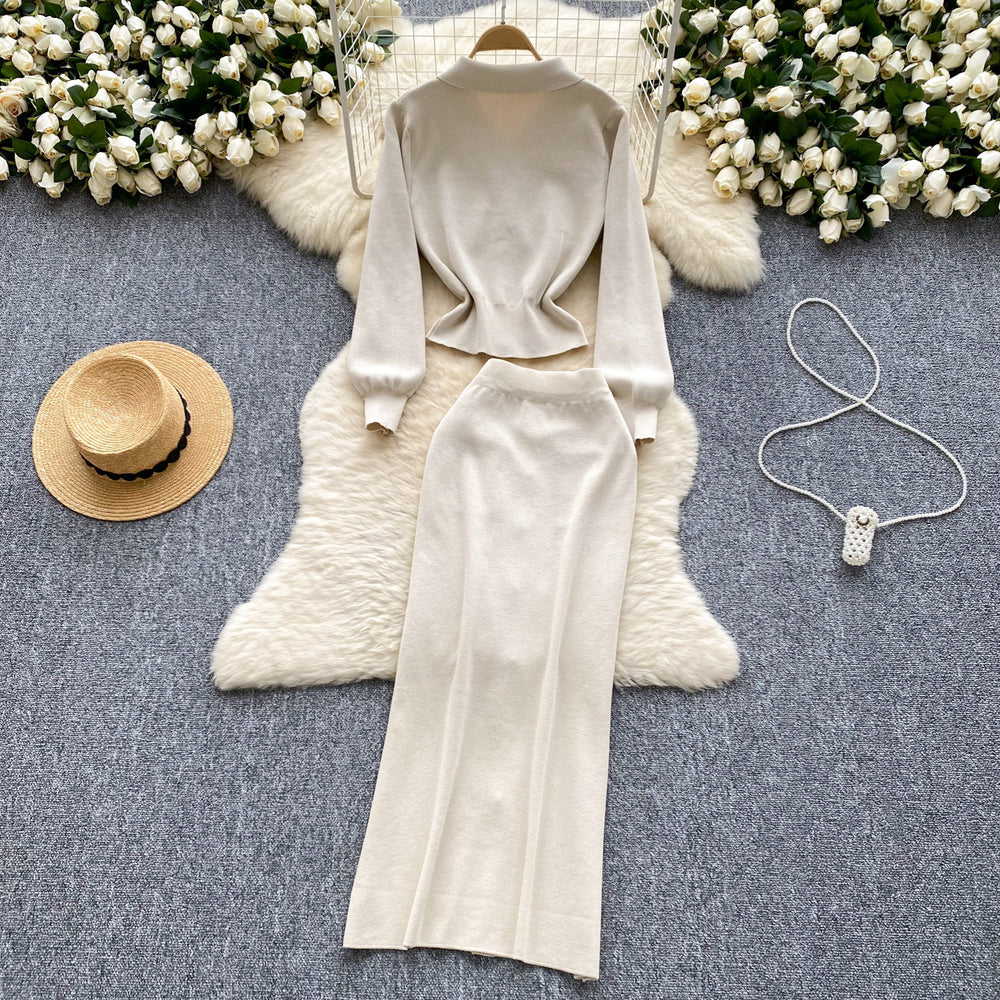 Xiaoxiangfeng two-piece set women's fall and winter styleeasiest for match metal buckle lapel knittingtops tight hip-covering skirt