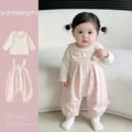 Spring newborn infant plaid overalls set - baby girl kt cat two-piece outfit