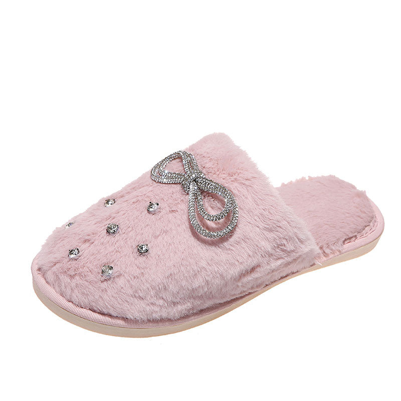 Rhinestone bow slippers women's 2024 new korean style closed-toe fuzzy slippers trendy autumn/winter indoor/outdoor cotton slippers