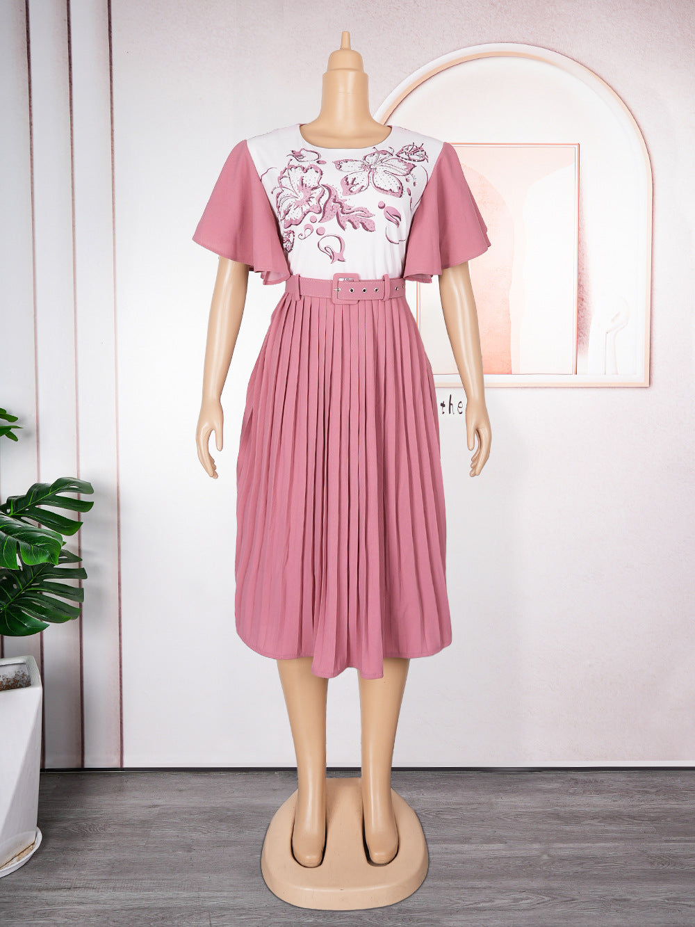 Aliexpress women's printed dress african cross-border trade new style maternity plus size pleated skirt with belt