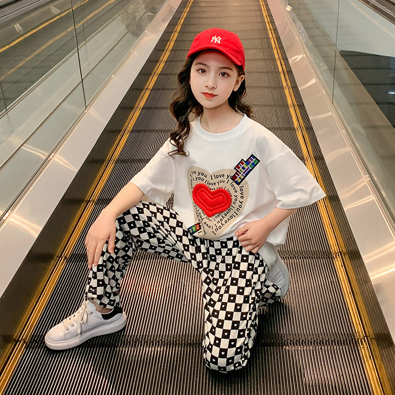 Summer girls' trendy street style outfit set - kids' casual activewear, summer clothes for girls, big girls' short-sleeve fashionable and stylish children's clothing