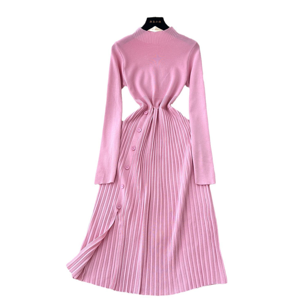 Sweaterdress women's inner wear classy sense waist slimming lookelegant button design pleated knitting bottom skirt long skirt
