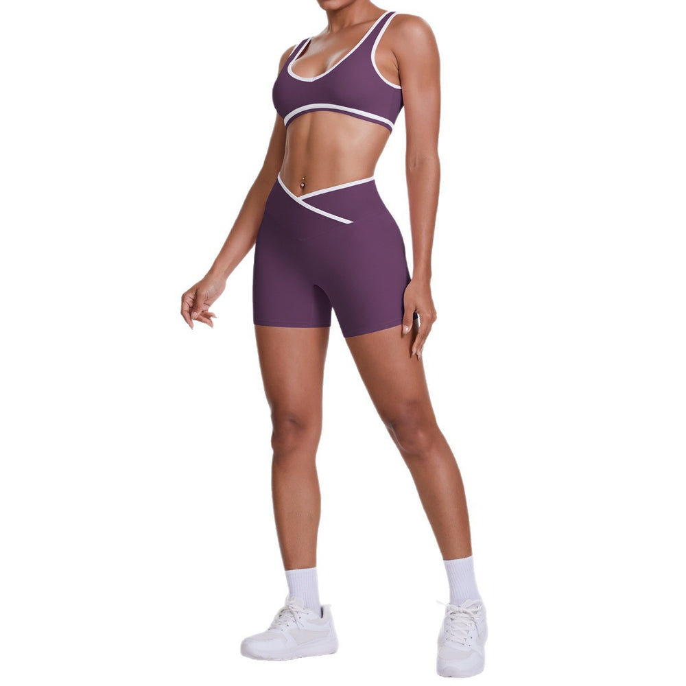 double-sided brushed contrast color tight breathable cross-waist yoga suit sports running fitness two-piece set for women