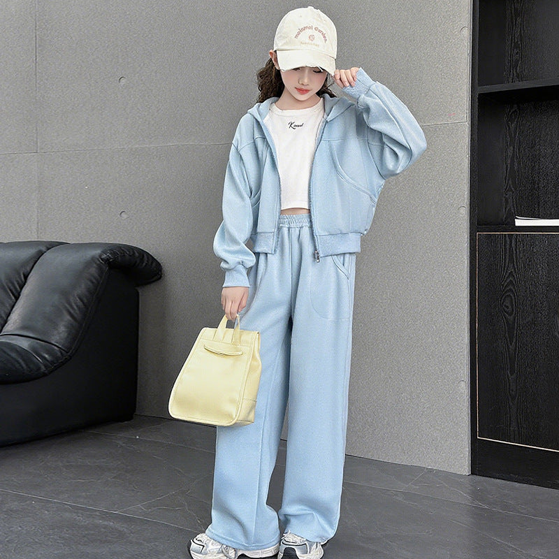 Girls' spring/autumn casual two-piece set:  new fashion wide-leg pants solid color activewear set - stylish and trendy