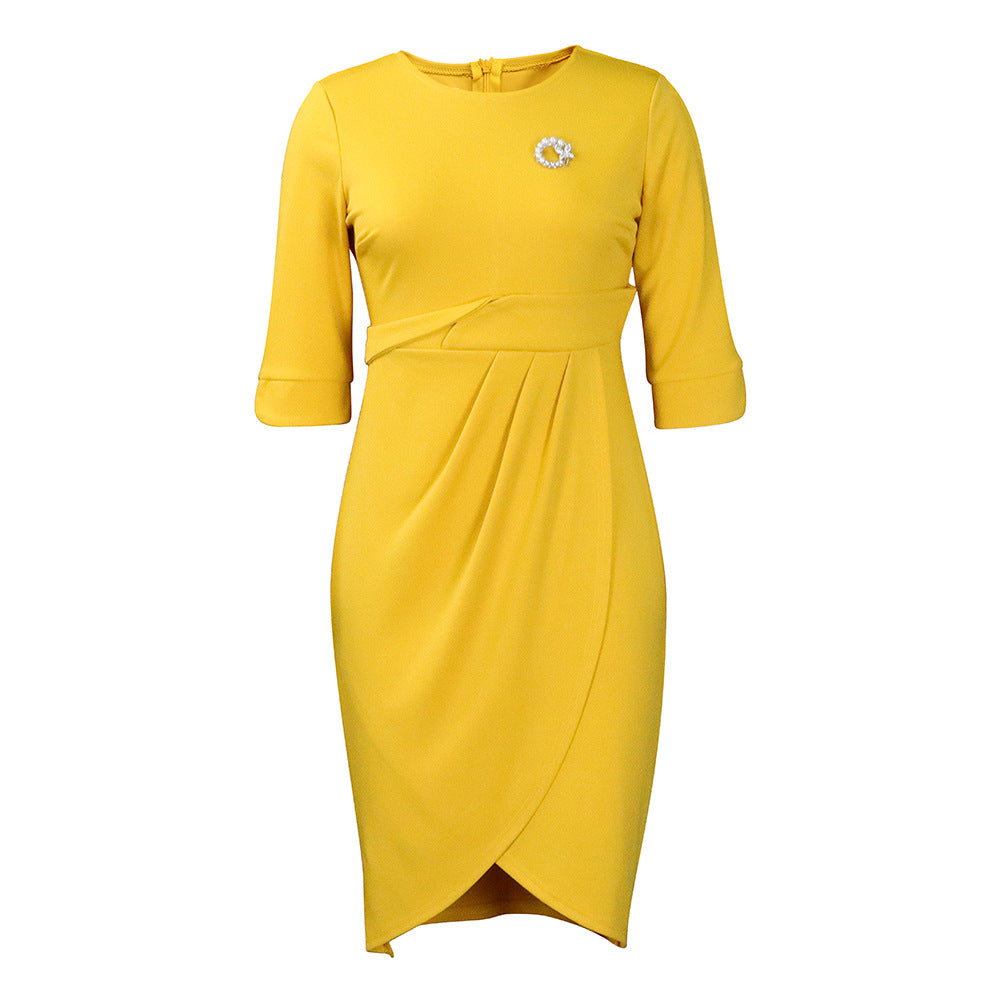 D364 with brooch foreign trade large size women's clothing  cross-border summer elegant elegant pleated european and american dress
