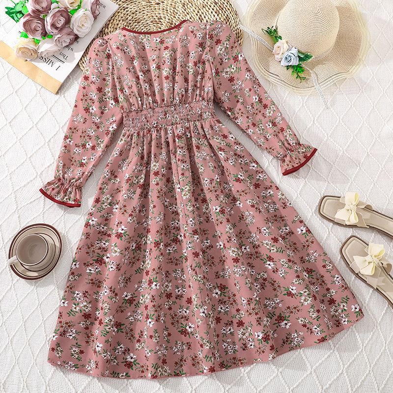 big kids' girls' clothing  foreign trade spring/autumn new french style vacation floral print cinched waist long sleeve dress