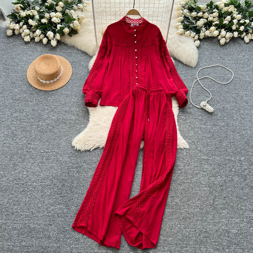 French court style chic lace patchwork pearl button lantern sleeve blouse and high-waisted wide leg casual pants set