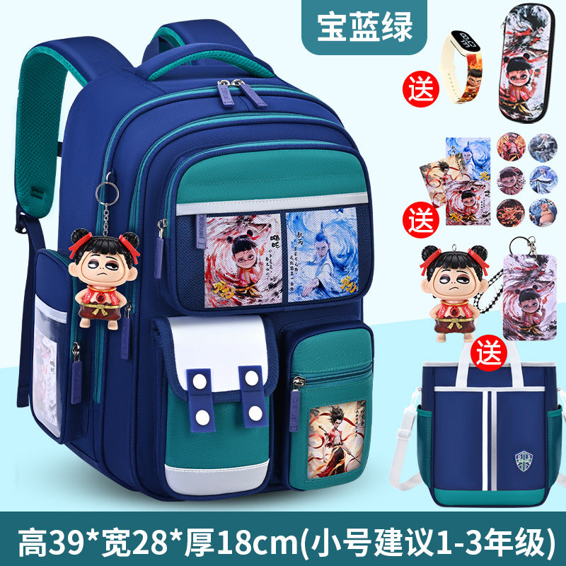 New nezha backpack for boys and girls, grades 1-6: spine protection, lightweight design, and extra-large capacity