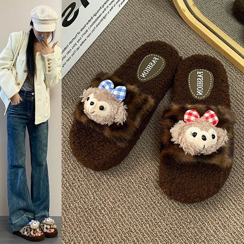 New warm autumn/winter bear fuzzy slippers for women, leopard print soft plush comfort slippers, home cotton slippers