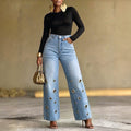 Fashionjeans women's high waist metal eye decoration loose pants pants light blue washed loosestraight-legpantsstylish trendy