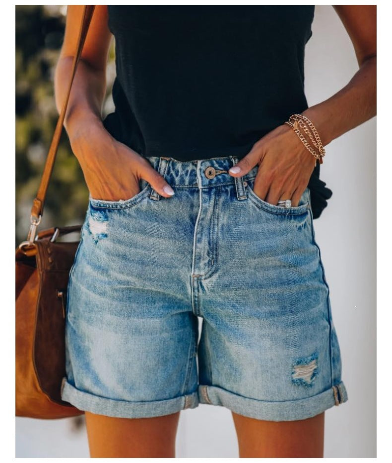 European and american clothing cross-border trade  new arrivalelegantcasual independent station ripped and rolled five-point denim shorts