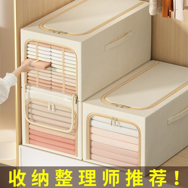 Large visual window, clothes storage box, underwear storage zipper, cotton and linen storage, steel frame folding, deepening, moisture-proof finishing