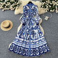 Retro palace style printingdress women's summer lantern sleeves stand collar single breasted strap waist beautiful royal sister long skirt