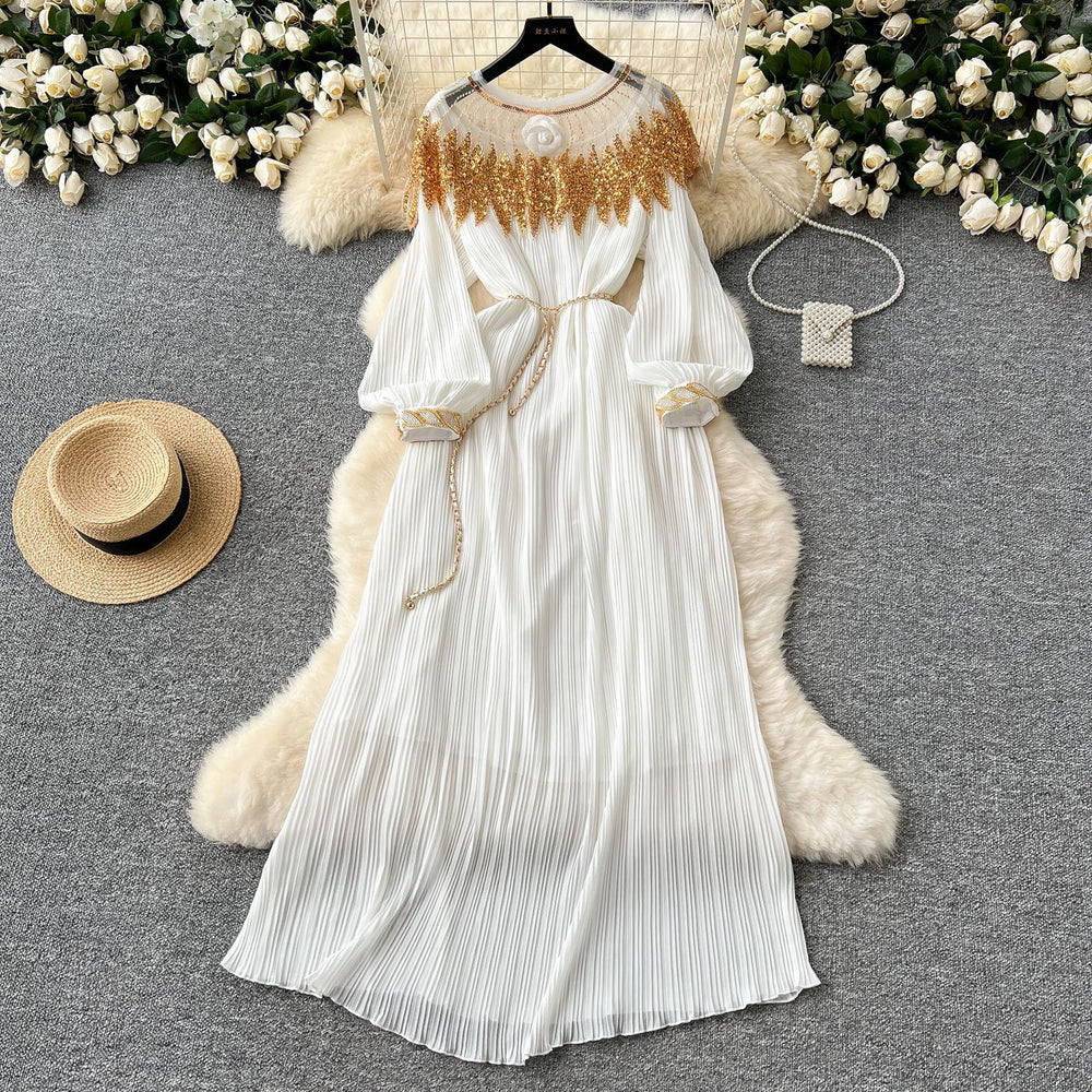 Autumn european and american retro court style heavy sequin embroidered long pleated puff sleeve dress women's pleated skirt