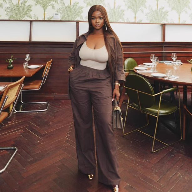 European and American large size casual high waist solid color long-sleeved cardigan shirt trousers African foreign style women's loose two-piece set women