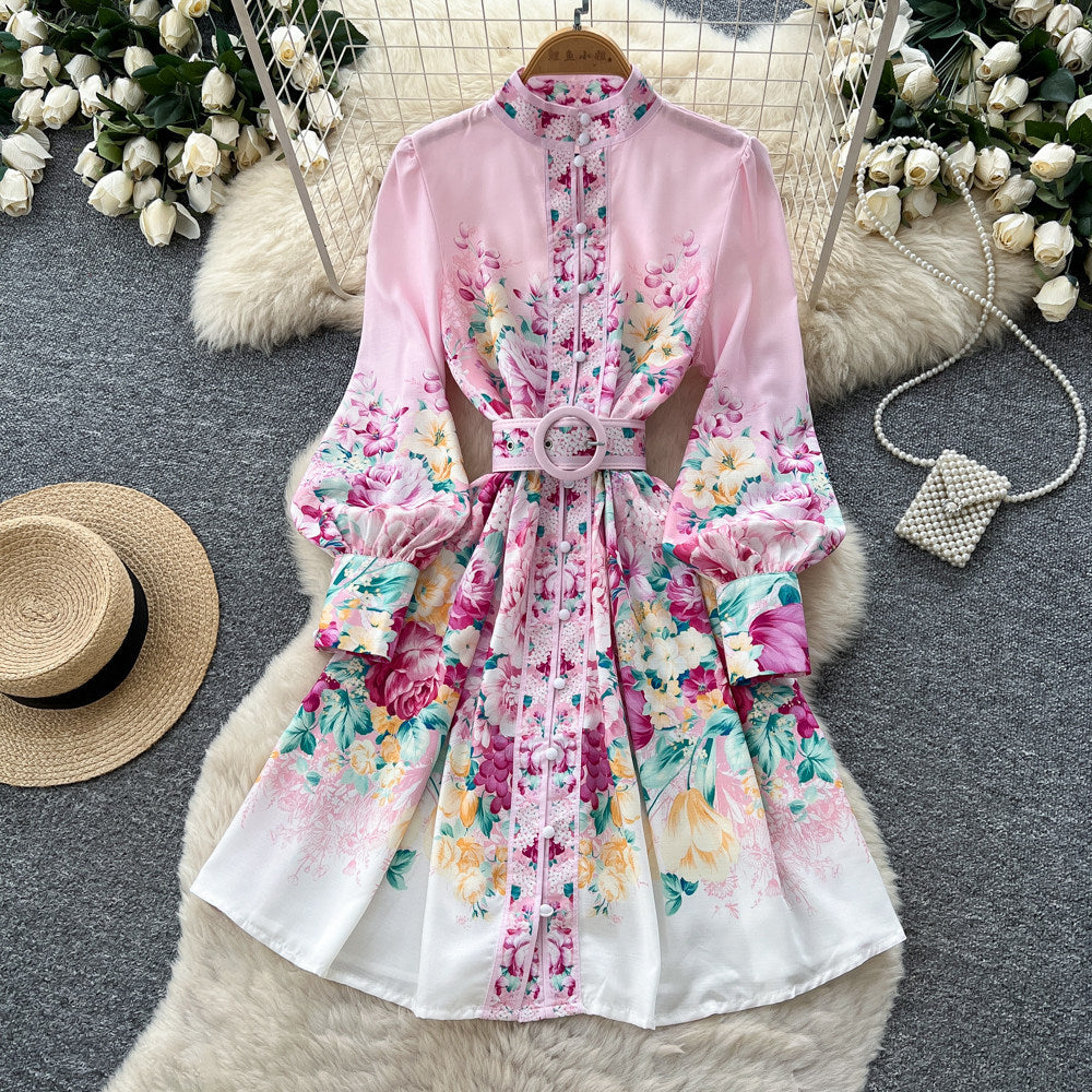 Elegant stand collar lantern sleeve printed dress - women's autumn youthful slimming a-line dress with belt